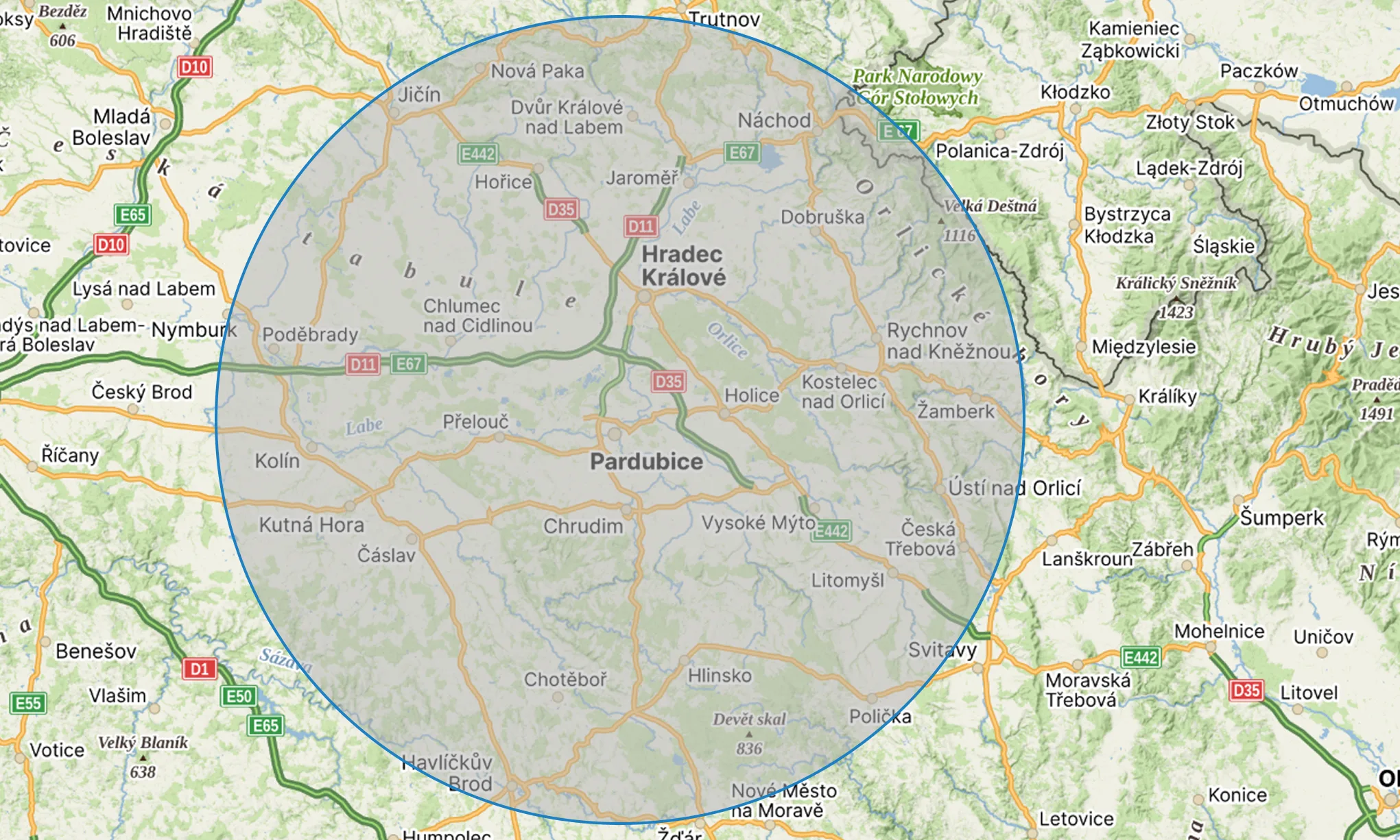 Mapa obsluhované oblasti — okres Pardubice a okolí